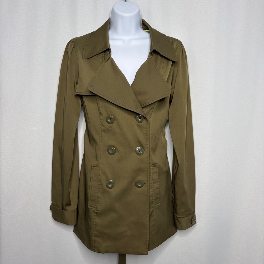 Vertigo Paris Womens Small Olive Green Double Breasted Trench Coat Belted Jacket
